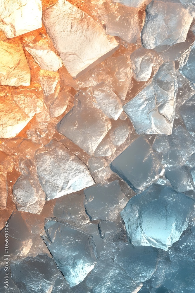 Poster a captivating close-up of jagged ice shards, showcasing a gradient of warm orange to cool blue hues,