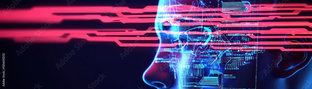 Poster futuristic digital face with neon lights and circuit patterns, representing advanced ai technology.
