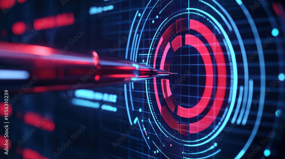 Poster futuristic red and blue digital interface with a sharp pen focusing on a target circle.