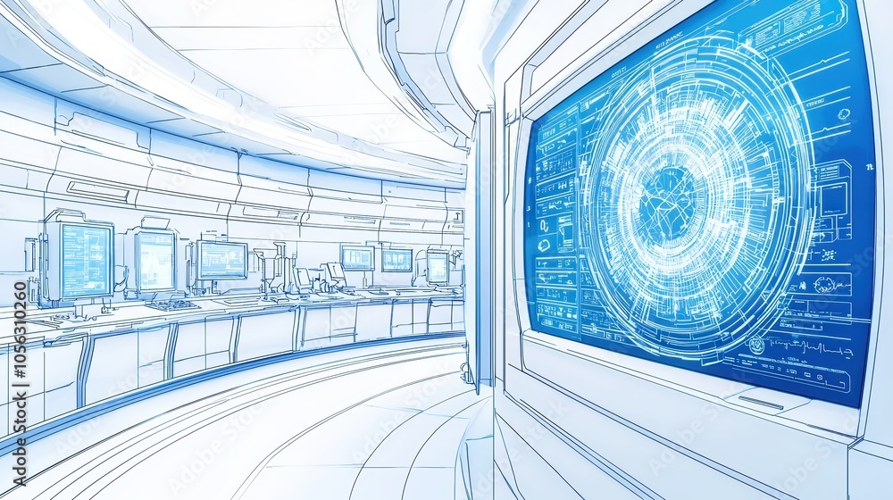 Poster futuristic technology control room with advanced screens and data visualization.