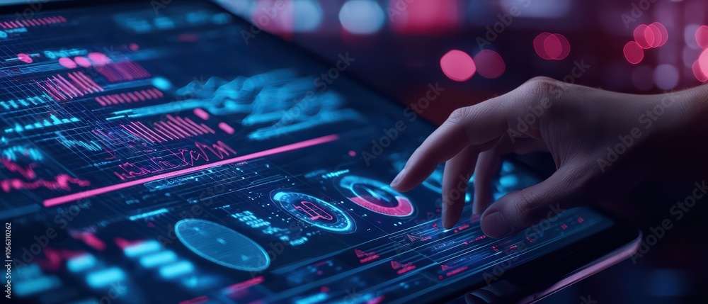 Poster futuristic touchscreen interface with graphs and data visualizations, vibrant colors and a human han