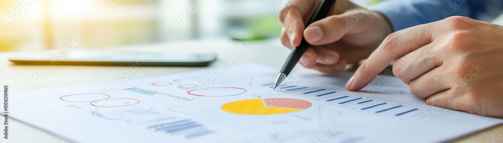 Poster hands analyzing financial data with charts and graphs in a modern office setting.