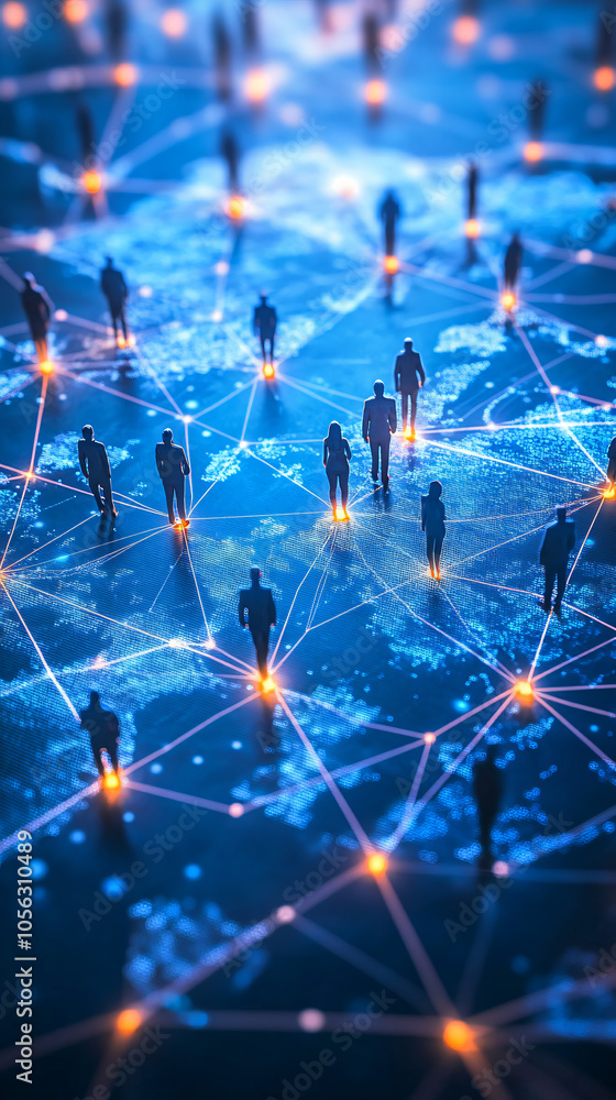 Poster Business professionals linked by lines of light on a world map, representing a global business network