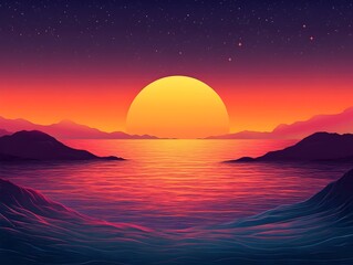 A vibrant sunset over a calm ocean, with a large sun casting warm orange and pink hues across the sky and water, creating a tranquil and serene atmosphere.