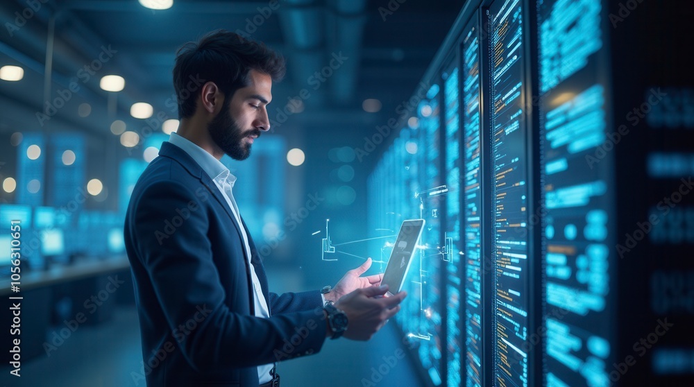Poster big data and cloud computing male analyzing large data sets on remote servers actionable insights co