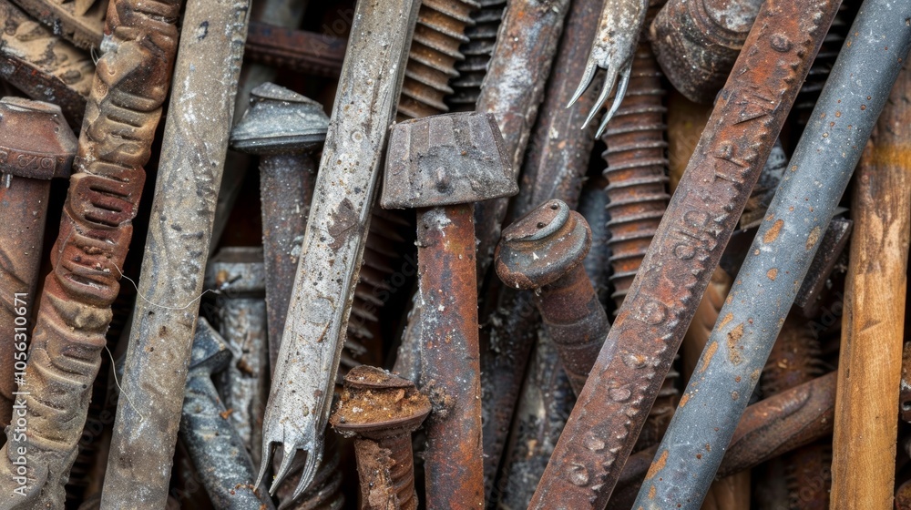Poster closeup of a collection of nails in various sizes and shapes used by the carpenter for different woo