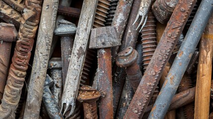 Closeup of a collection of nails in various sizes and shapes used by the carpenter for different woodworking projects.