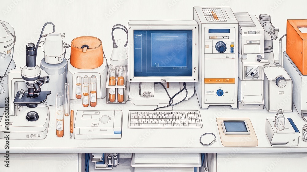 Poster laboratory setup featuring a microscope, computer, and various equipment on a clean workbench.