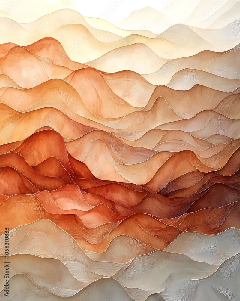 Poster abstract composition featuring flowing waves of warm beige and rust colors, creating a serene and ca