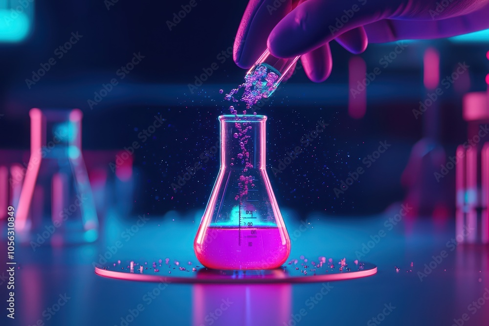 Aufkleber laboratory work with colorful liquids in flask and hand holding pipette, glowing laboratory environm