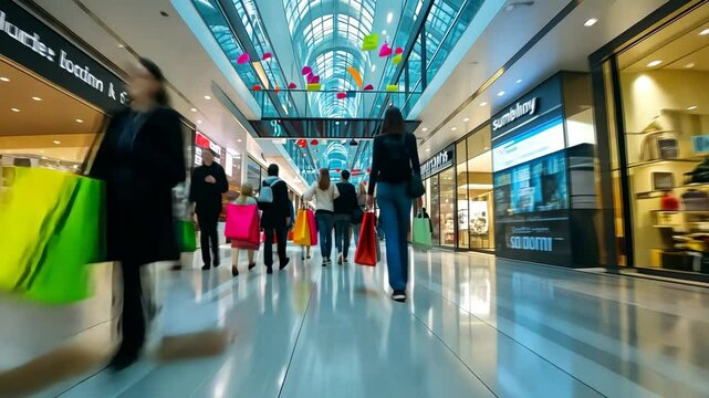 motion blur of people with shopping bags in a busy shopping mall. retail sale and discount Video