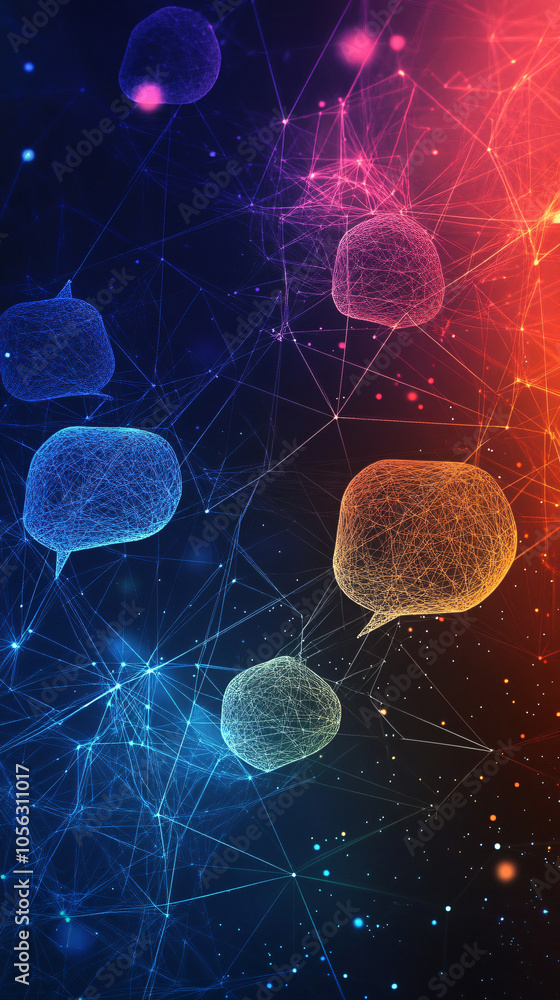 Poster Abstract communication concept: speech bubbles created from lines and dots float in a networked space, symbolizing the exchange of ideas