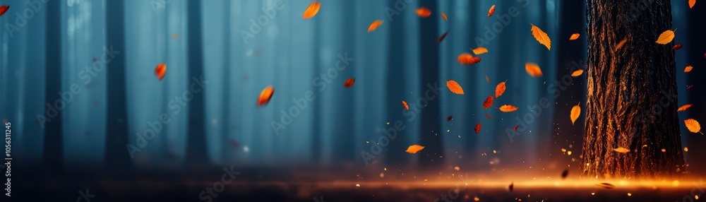Poster Mystical forest scene with soft light and falling leaves, creating an enchanting autumn atmosphere.