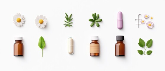 Natural herbs, capsules, and bottles arranged on a white background, ideal for health and wellness concepts.