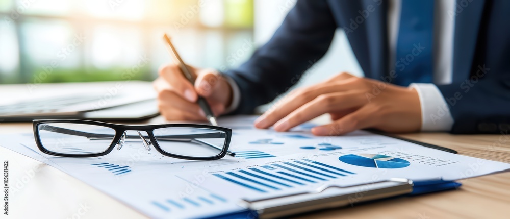 Poster professional analyzing data with graphs, glasses on the table, modern workspace.