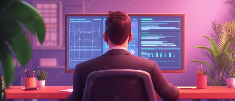 Poster professional man analyzing data on multiple screens in a modern office setting, illuminated by vibra
