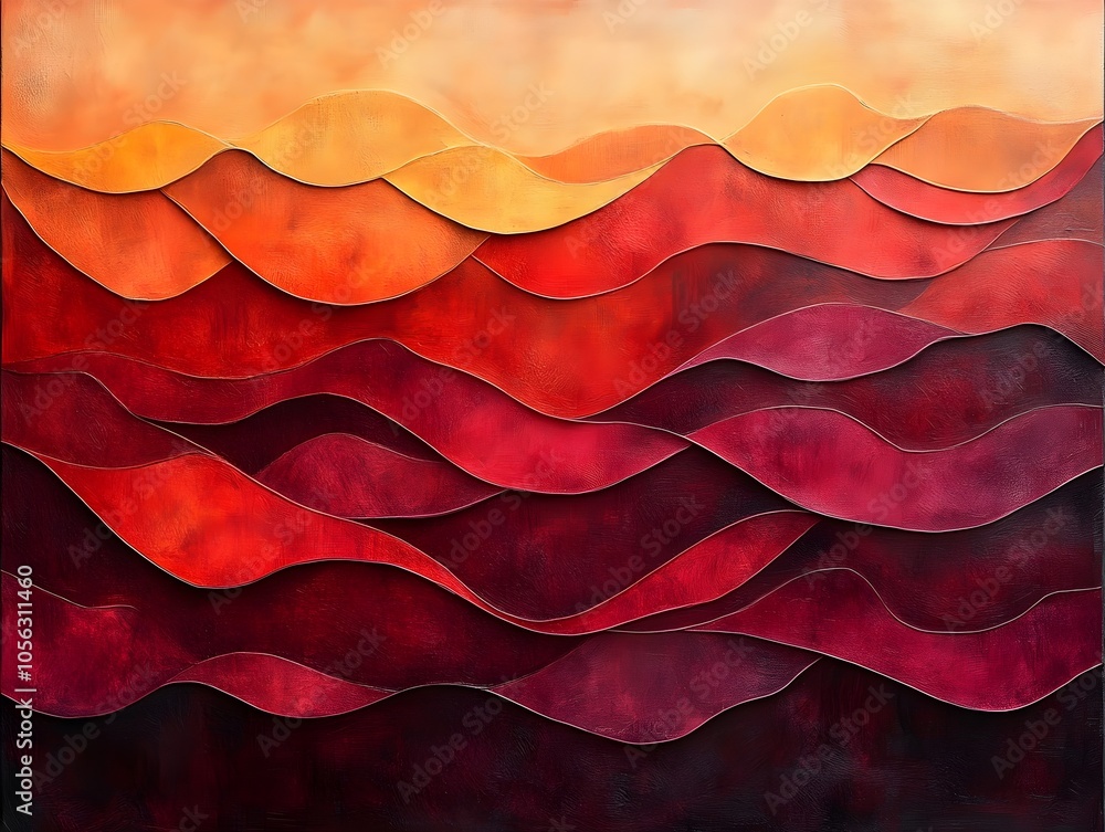 Poster an abstract artwork featuring undulating waves in vibrant shades of red and orange, evoking warmth a