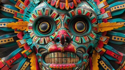 A detailed shot of a painted mask featuring intricate designs and bold vibrant colors.