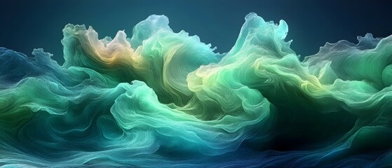 A stunning abstract representation of waves in vibrant shades of teal and green, swirling and flowing like soft clouds against a dark background, creating a serene yet dynamic atmosphere.