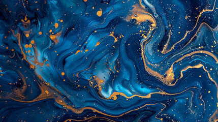 Hand-painted background featuring mixed blue and golden liquid paints, creating an abstract fluid acrylic painting with a marbled effect