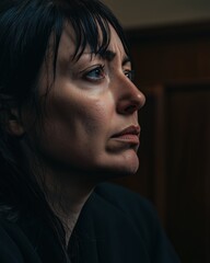 Contemplative woman in thoughtful profile against dark wooden background