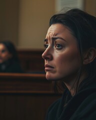 Concerned woman in courtroom setting with tense expression and background figures