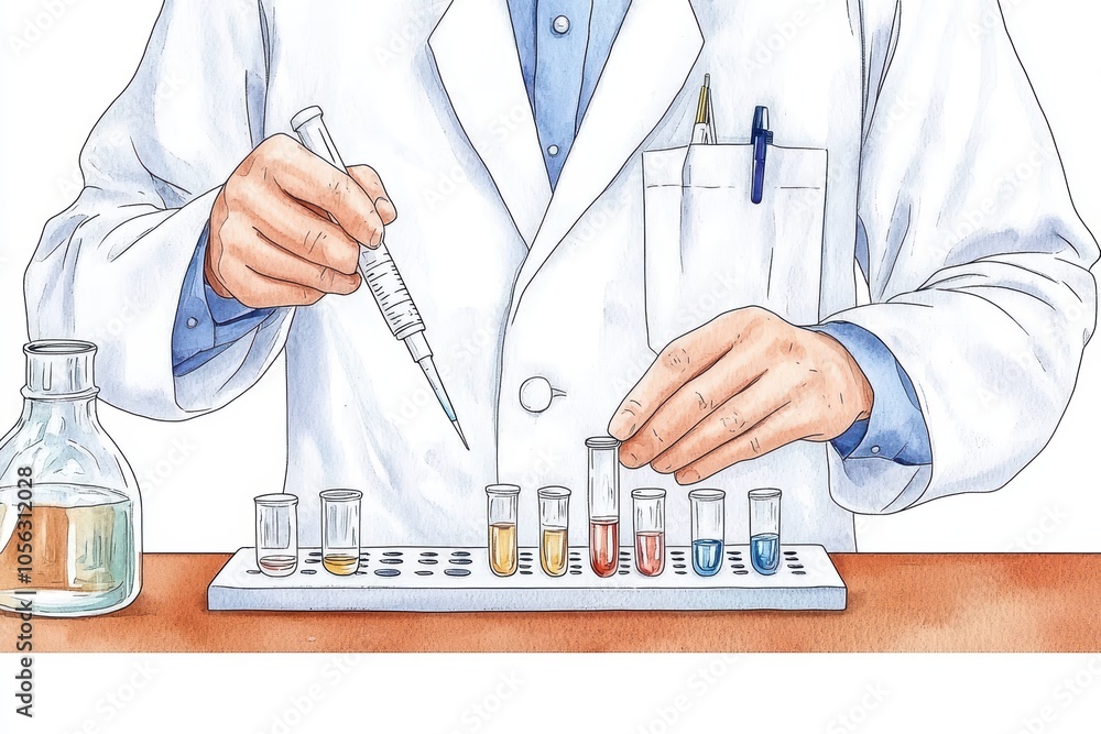 Poster scientist in lab coat using pipette with test tubes, white isolate background.