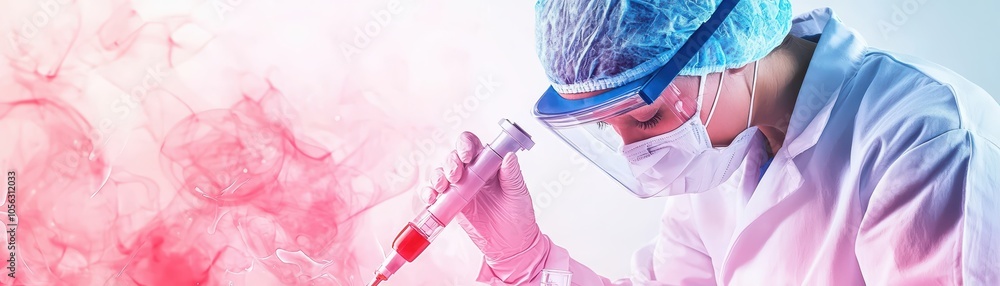 Aufkleber scientist in lab coat using pipette with colorful smoke background.