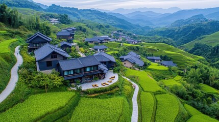 Obraz premium Serene Landscape of Green Terraced Rice Fields