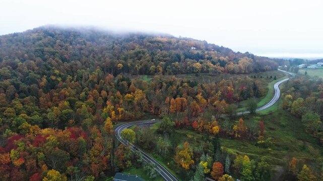 Aerial of fall foliage in the Catskill Mountains in Sullivan county, NY, USA
