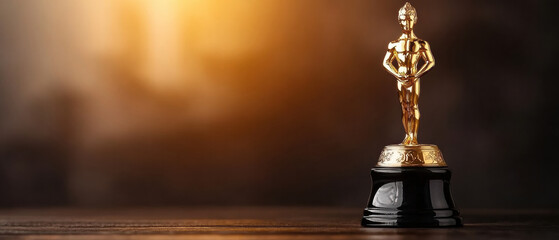 Obraz premium close up of golden statuette on wooden surface, symbolizing achievement and excellence