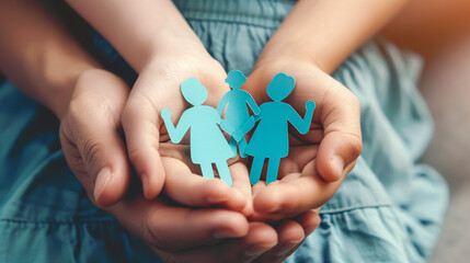 Hands holding a paper cutout of a family, representing family home, adoption, foster care, homeless charity, and household budget during recession