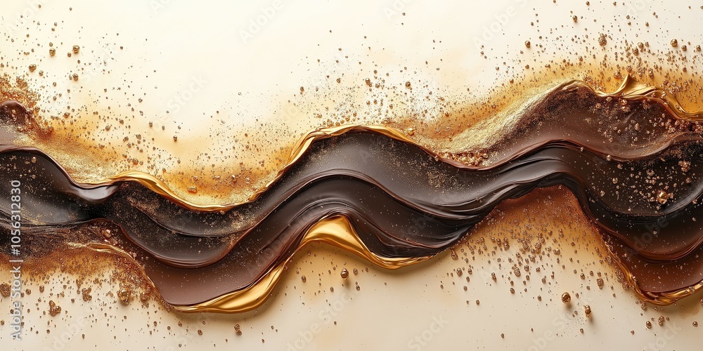 Poster abstract waves of liquid gold and chocolate on smooth surface with bubbles for elegant design projec