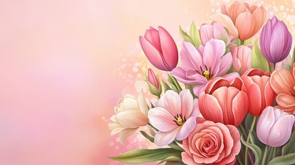 Obraz premium A beautiful bouquet of colorful flowers with soft pink background, perfect for spring and floral themes.