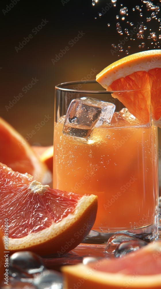 Poster refreshing grapefruit juice with ice and splashing water