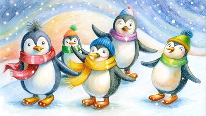 Fototapeta premium Cute penguins wearing winter clothes having fun in snow