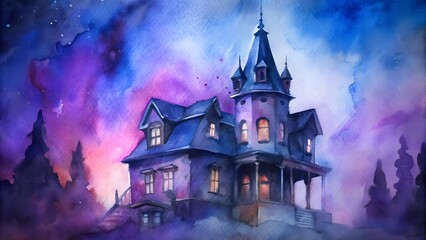 Victorian haunted house standing on a hill at twilight under a starry sky