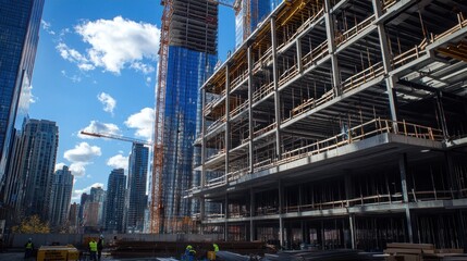 A large building under construction with a crane in the background