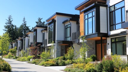 A row of white buildings with green trees in front of them. The buildings are tall and have balconies
