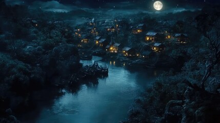 Obraz premium Serene Night Scene with Moonlit Village and River