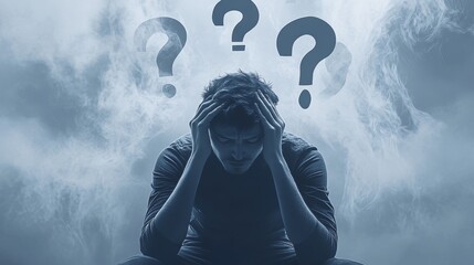 A man holding his head in frustration with swirling question marks around him, symbolizing confusion, deep thought, and the mental strain of problem-solving.