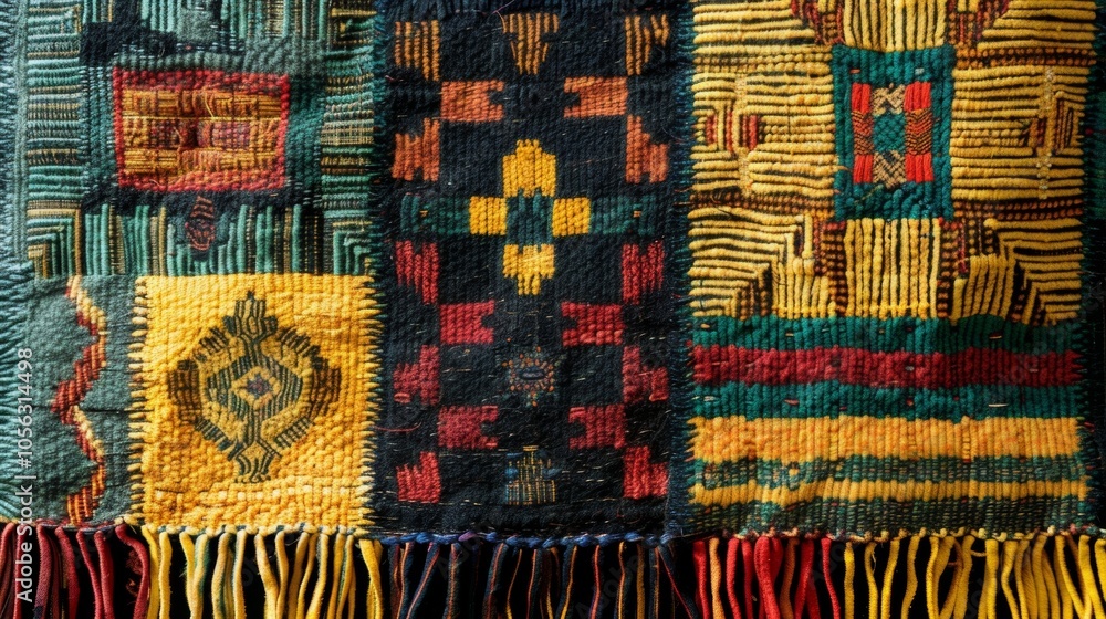Poster an upclose view of a handwoven wall hanging showcasing an array of geometric patterns and bold color
