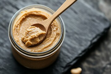 A close-up of a jar filled with smooth peanut butter, featuring a wooden spoon dipped in, set on a dark slate surface, highlighting a rich texture and savory appeal.