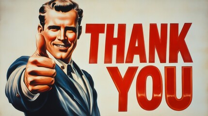 Retro-style illustration of a smiling man in a suit giving a thumbs-up next to the large text 'Thank You', exuding approval and gratitude in vintage style art.