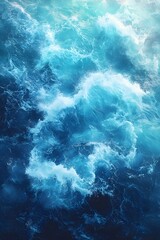 A mesmerizing aerial view of ocean waves, showcasing a vibrant palette of deep blues and turquoise, creating a dynamic and serene seascape.