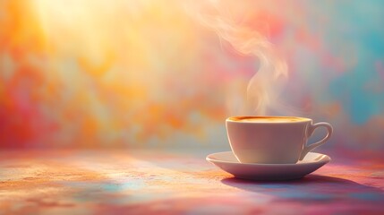 Obraz premium Cup of freshly brewed coffee, aromatic steam rising, placed on a bright abstract background, clean and contemporary aesthetic