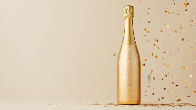 Gold glitter champagne bottle, beige flat lay design, elegant party concept with scattered confetti, minimalist and luxurious aesthetic for festive mockups