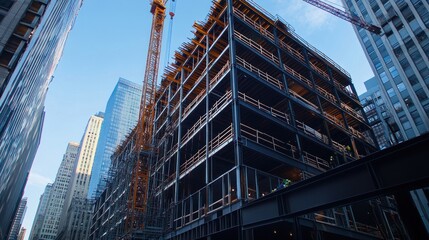 Fototapeta premium A large building under construction with a crane in the background