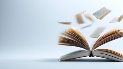 Vivid hardcover books levitating in various angles, sharp focus, set on a bright white backdrop, banner-ready, evoking themes of education and literary creativity