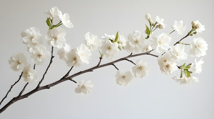 Dreamy cherry blossom tree, its fragile flowers blooming gracefully on thin branches, highlighted against a minimalist white background for a serene spring feel